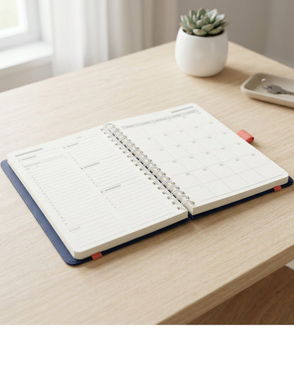 Morun B6 Undated Daily Planner 320 Pages Navy and Coral - Lifestyle view